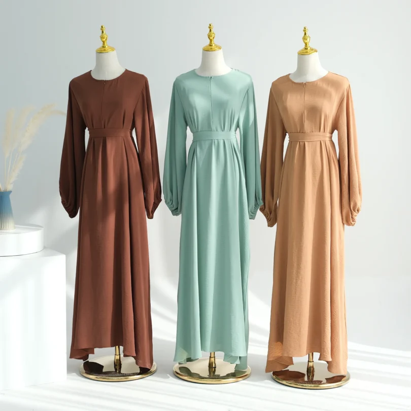 Muslim Abaya Islamic Clothing Modest Abaya Muslim Women Dress Puff Sleeve Wrinkle Polyester Abaya Femmes Robe Musulmane