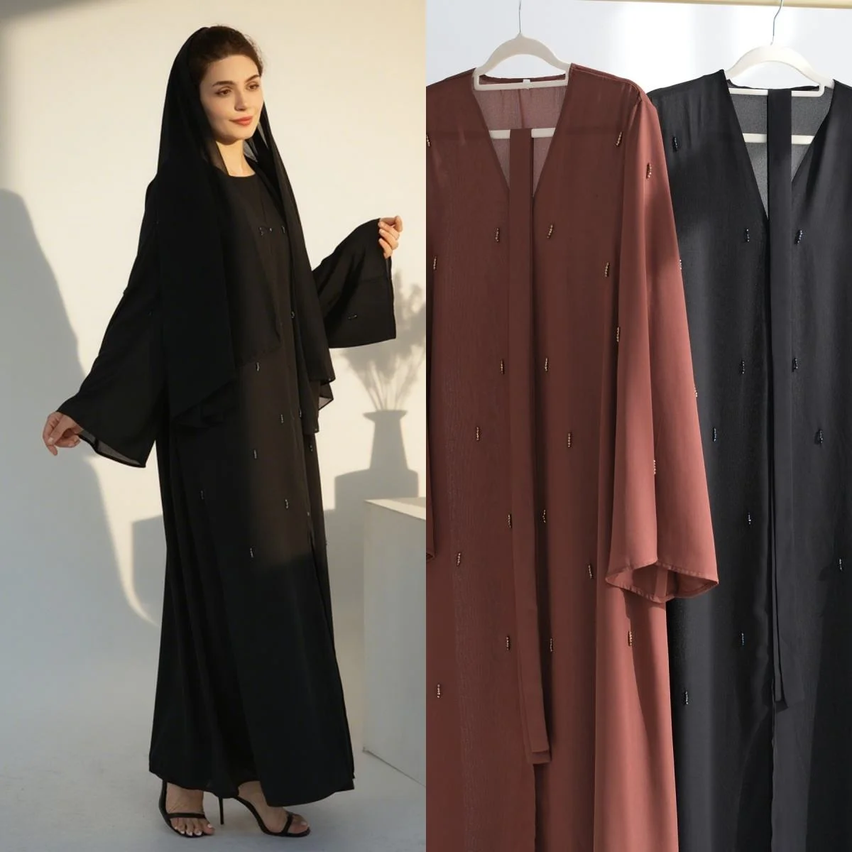 Eid Beaded Kimono Open Abayas for Women Muslim Dress Dubai Kaftan Turkey Kebaya Caftan Marocain Femme Robe Islam Jalabiya Abayas