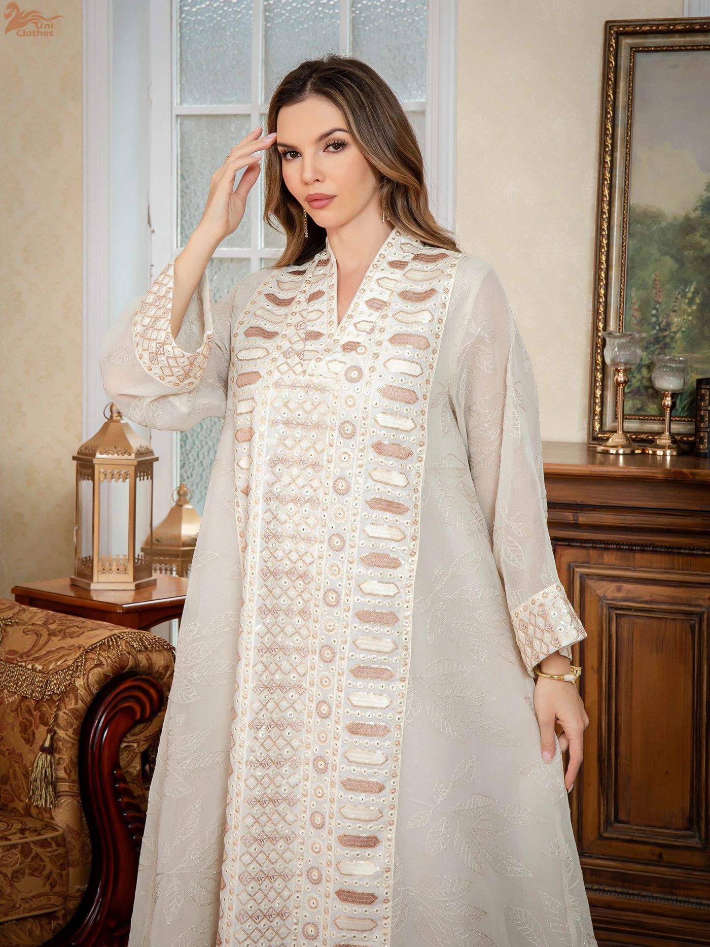 Elegant Muslim Dress Embroidery Mesh Sleeves Abaya Middle East Clothes Women Robe Islamic Fashion V-Neck Gown Evening Party Wear - Image 5