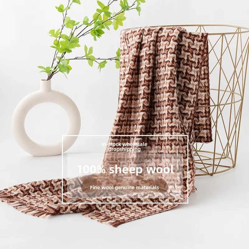 New luxury 100% Wool Plaid Scarf Women Autumn Winter Warm Shawl Hijab Soft Lightly Hair Wrap Fashionable Versatile Head Scarves - Image 2