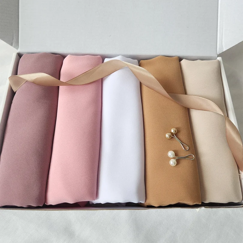 5PCS One Set Muslim Chiffon Hijab Scarf Women Long Solid Color Head Wrap For Women Hijabs Scarves Ladies Muslim Headscarf Gift