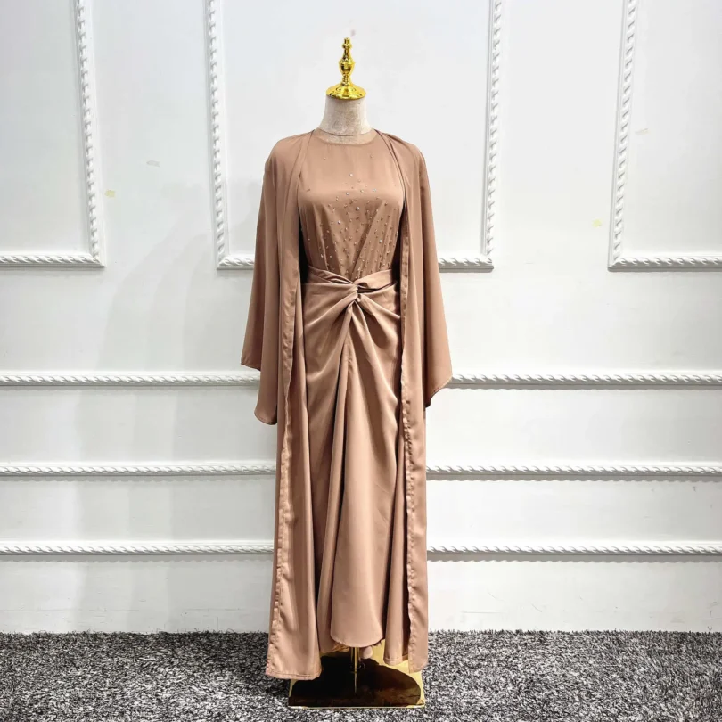 Turkish Solid Color Fashion Beaded Three Piece Set Muslim Women Outfit Abaya Jilbab Hijab Modest Clothing - Image 2