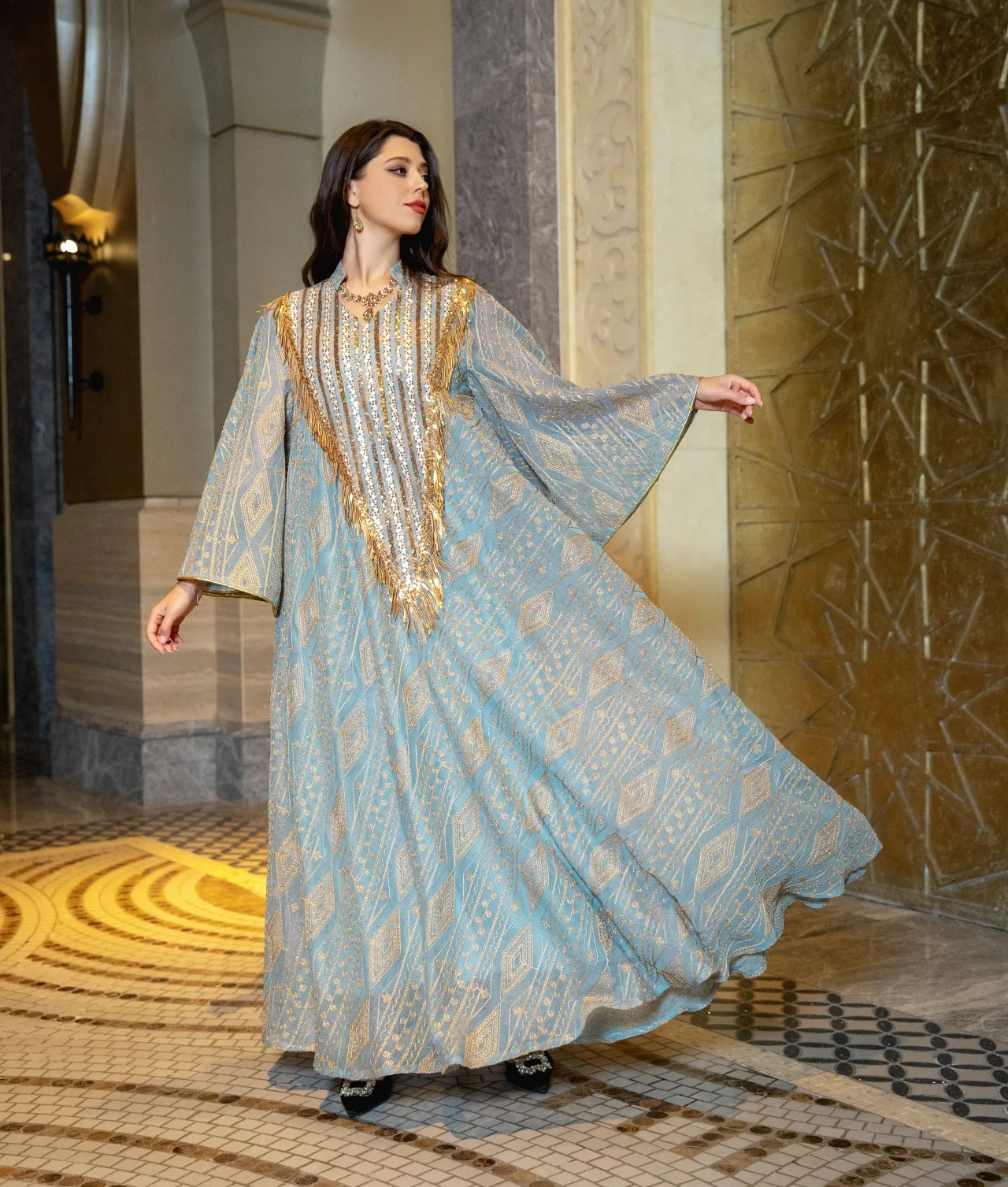 2025 New Luxury Dubai Style Muslim Abaya Light Green with Gold Shine Sequin Embellishments Ideal for Arabian High Society Galas - Image 6