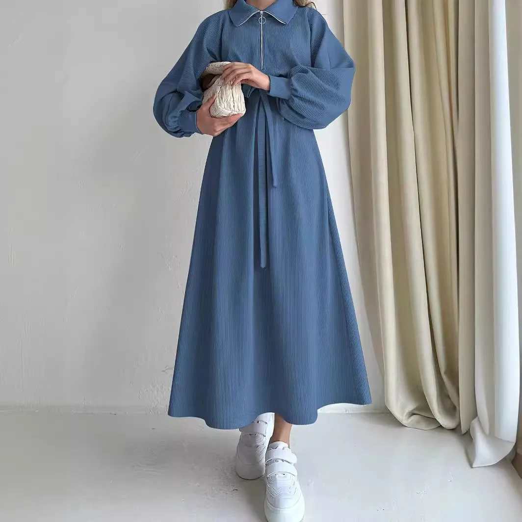 Fashion Muslim Dress New Solid Color Zipper Belt Fashion Lapel Elegant Dress Muslim Women Modest Long Dresses - Image 3