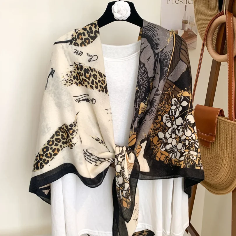2025 130cm Cotton Linen Floral Leopard Print Square Scarf Women Vintage Sun Shawl All-season Bandana Hijab Versatile Hemming - Image 5