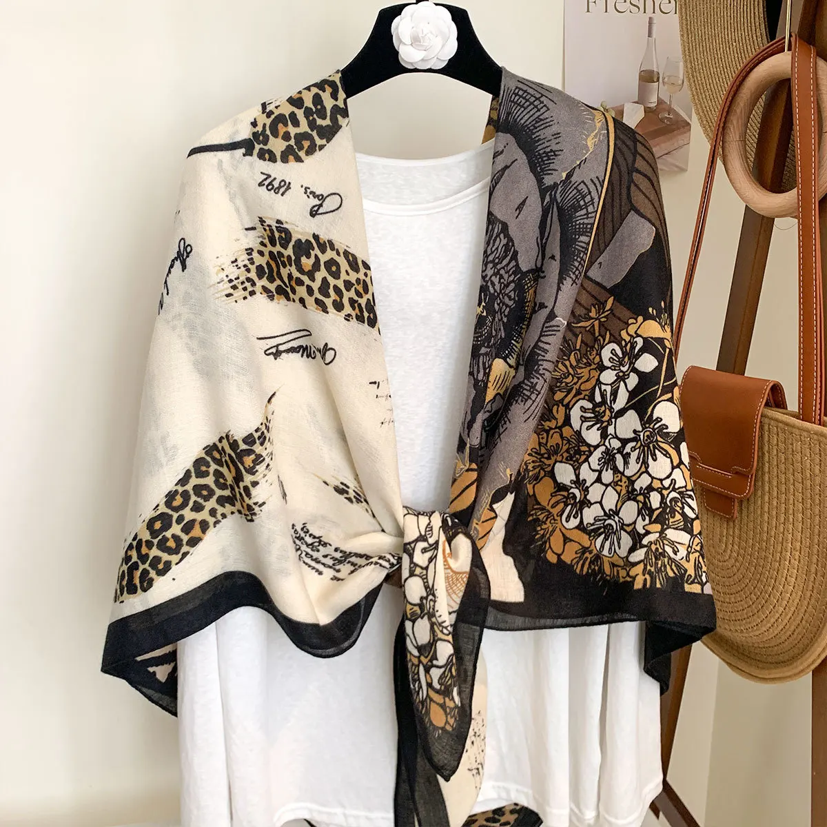 2025 130cm Cotton Linen Floral Leopard Print Square Scarf Women Vintage Sun Shawl All-season Bandana Hijab Versatile Hemming - Image 5