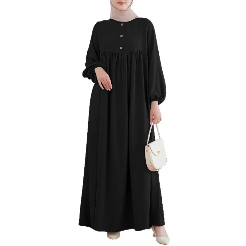 Muslim Women's Wear Skirt Fashion Casual Puff Sleeve Simple Loose Solid Color Dress - Image 5