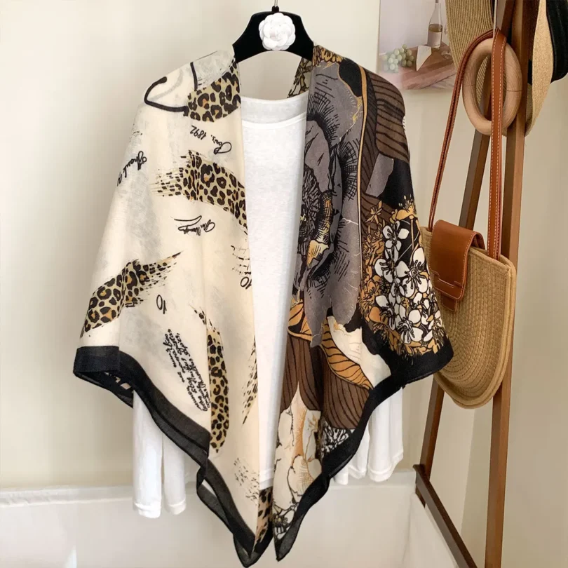 2025 130cm Cotton Linen Floral Leopard Print Square Scarf Women Vintage Sun Shawl All-season Bandana Hijab Versatile Hemming - Image 3