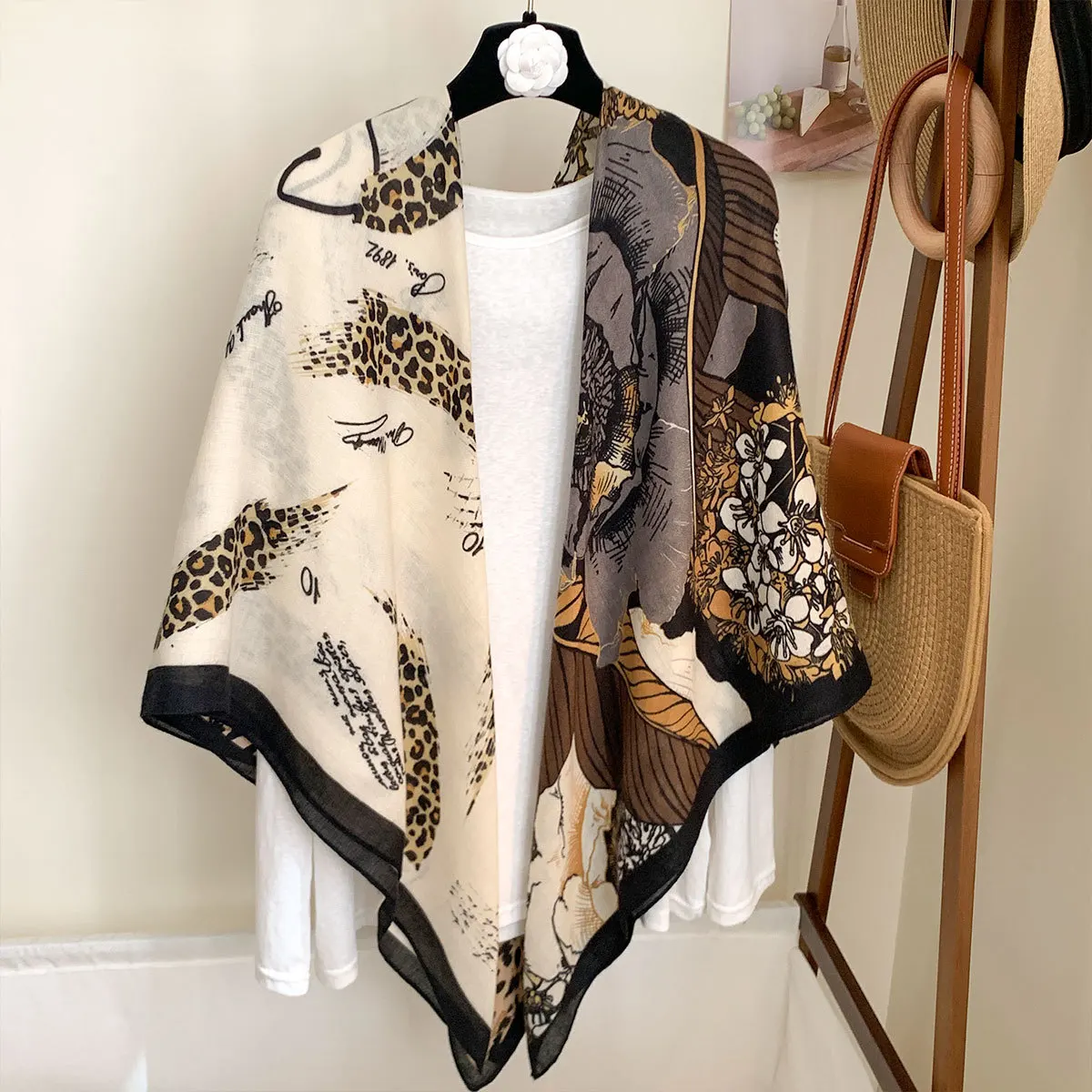 2025 130cm Cotton Linen Floral Leopard Print Square Scarf Women Vintage Sun Shawl All-season Bandana Hijab Versatile Hemming - Image 3